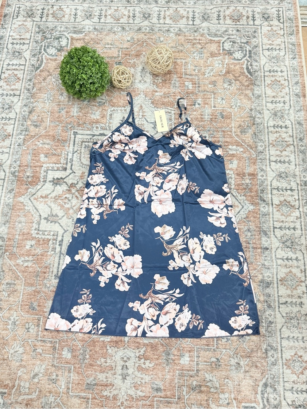 Floral Satin Slip Dress - Navy with Blush Flowers